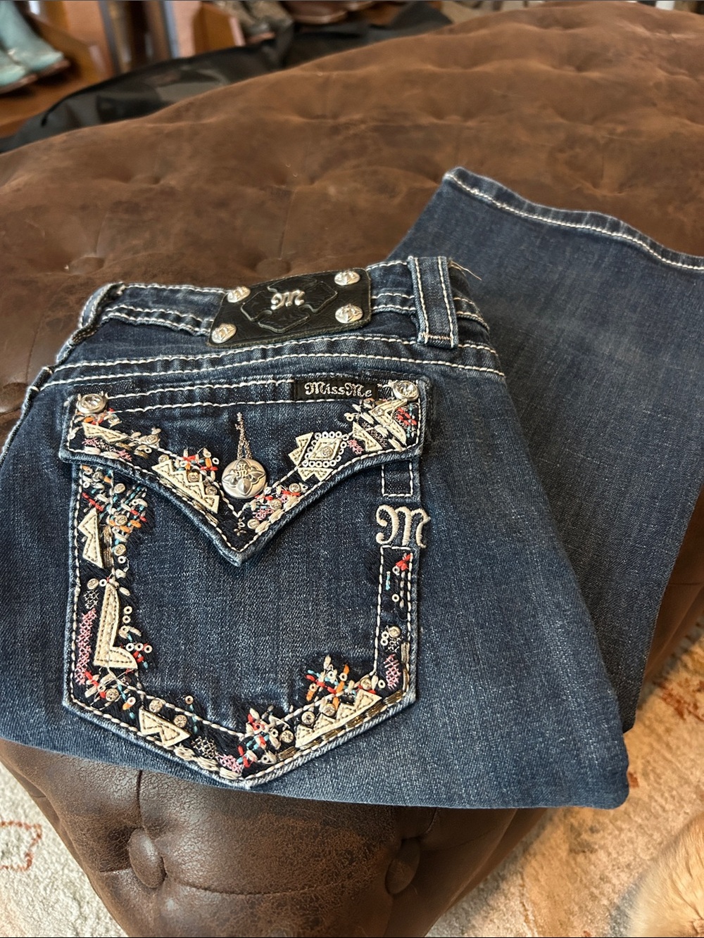 Miss Me Dark Blue Embroidered Pocket Bootcut Jeans 31W x 34